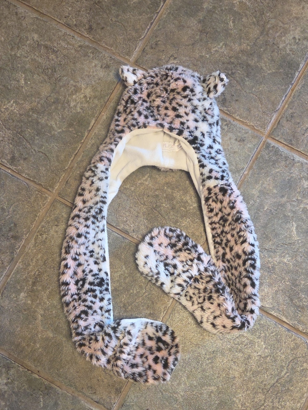The Children's Place Pink, White & Black Faux Fur Leopard Ear Hat Scarf